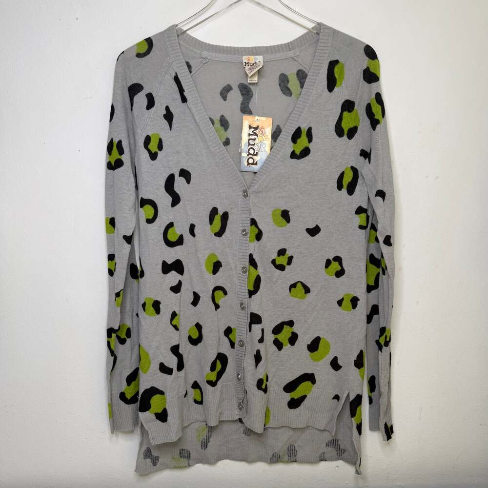 Mudd Leopard Print Cardigan — Animal Gray Green Knit Sweater, Women's Size Large